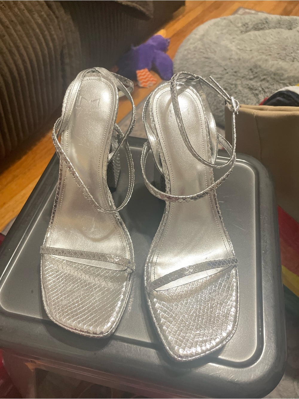 Marc Fisher Silver Strappy Square-Toe Heeled Sandals